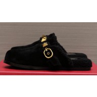 Valentino Shearling Roman Stud Sabots Slip On Mules Black