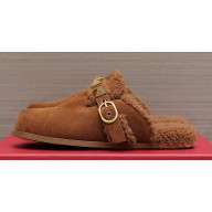Valentino Shearling Roman Stud Sabots Slip On Mules Brown
