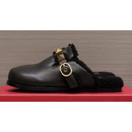 Valentino Shearling Roman Stud Sabots Slip On Mules Leather Black