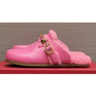 Valentino Shearling Roman Stud Sabots Slip On Mules Leather Pink