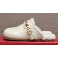 Valentino Shearling Roman Stud Sabots Slip On Mules Leather White