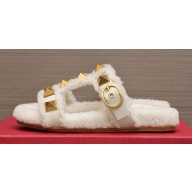 Valentino Shearling Roman Stud Slides Sandals White