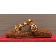 Valentino Shearling Roman Stud Slides Sandals Brown