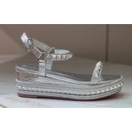 Christian Louboutin Heel 6cm Pyraclou Studded leather Spike wedge Sandals Silver