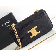 Celine CHAIN SHOULDER BAG triomphe in SEQUINS AND CALFSKIN 197993 Black