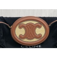 Celine CROSSBODY OVAL PURSE cuir triomphe in RAFFIA EFFECT TEXTILE AND CALFSKIN Natural / Tan 101703