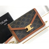 Celine WALLET ON CHAIN triomphe Bag in TRIOMPHE CANVAS and calfskin 10J733 Tan