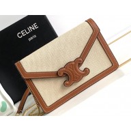 Celine WALLET ON CHAIN triomphe Bag in in TEXTILE TRIOMPHE AND CALFSKIN 10J733 Natural / Tan