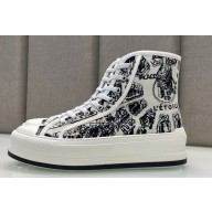 DIOR Walk'n'Dior Platform High Top Sneakers in White and Black Cotton Embroidered with Plan de Paris Motif 2023