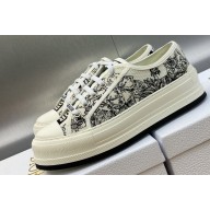 DIOR Walk'n'Dior Platform Low Top Sneakers in White and Black Embroidered Cotton with Toile de Jouy Voyage Motif 2023
