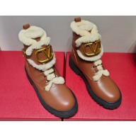 Valentino VLogo Combat Boots In Calfskin and Shearling Black Brown 2023