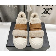 Chanel women suede leather Platform Sneakers with shearling brown 1028-2024