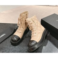 Chanel Crinkled Calfskin Quilting Combat Boots with CC logo beige 1028-2024
