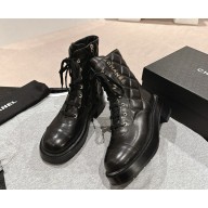 Chanel Crinkled Calfskin Quilting Combat Boots with CC logo black 1028-2024
