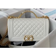 Chanel Grained Shiny Calfskin BOY Flap Bag with Handle A94804 White 2023
