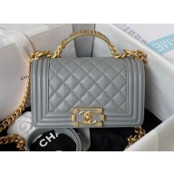 Chanel Grained Shiny Calfskin BOY Flap Bag with Handle A94805 Gray 2023