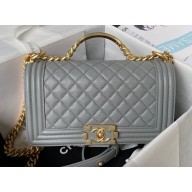 Chanel Grained Shiny Calfskin BOY Flap Bag with Handle A94804 Gray 2023