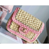 Chanel Chain and Raffia Braided Mini Flap Bag Pink/Beige 2023