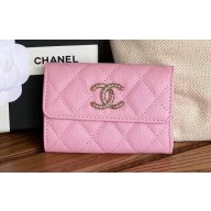 Chanel Gold-Tone Cutout CC Logo Flap Card Holder AP3187 in Grained Calfskin Pink