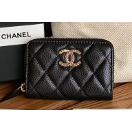 Chanel Gold-Tone Cutout CC Logo Zip Card Holder AP3185 in Grained Calfskin Black