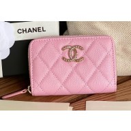 Chanel Gold-Tone Cutout CC Logo Zip Card Holder AP3185 in Grained Calfskin Pink
