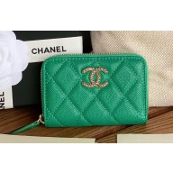 Chanel Gold-Tone Cutout CC Logo Zip Card Holder AP3185 in Grained Calfskin Green