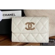 Chanel Gold-Tone Metal Logo Flap Card Holder AP3047 in Grained Calfskin White