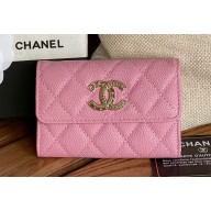 Chanel Gold-Tone Metal Logo Flap Card Holder AP3047 in Grained Calfskin Pink