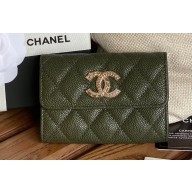 Chanel Gold-Tone Metal Logo Flap Card Holder AP3047 in Grained Calfskin Green