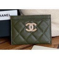 Chanel Gold-Tone Metal Logo Card Holder AP3048 in Grained Calfskin Green