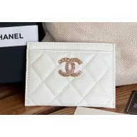Chanel Gold-Tone Metal Logo Card Holder AP3048 in Grained Calfskin White