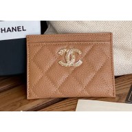 Chanel Gold-Tone Metal Logo Card Holder AP3048 in Grained Calfskin Brown