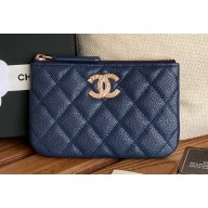 Chanel Gold-Tone Metal Logo Zip Card Holder AP3049 in Grained Calfskin Blue