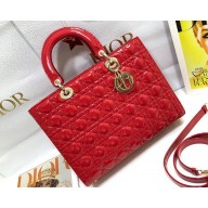 Dior Large Lady Dior Bag in Patent Cannage Calfskin Red