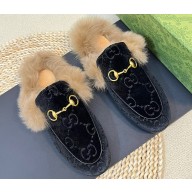 Gucci Wool Fur 2015 Re-Edition women's Princetown Slipper with Horsebit 397749 Jumbo GG Velvet Black 01 2023