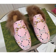 Gucci Wool Fur 2015 Re-Edition women's Princetown Slipper with Horsebit 397749 Leather Print Pink 2023