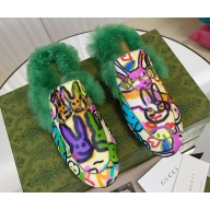 Gucci Wool Fur 2015 Re-Edition women's Princetown Slipper with Horsebit 397749 Leather Print Green 2023
