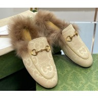 Gucci Wool Fur 2015 Re-Edition women's Princetown Slipper with Horsebit 397749 Jumbo GG Canvas Beige 2023