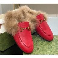 Gucci Wool Fur 2015 Re-Edition women's Princetown Slipper with Horsebit 397749 Leather Red 2023