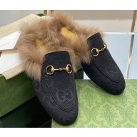 Gucci Wool Fur 2015 Re-Edition women's Princetown Slipper with Horsebit 397749 Jumbo GG Canvas Black 2023