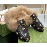 Gucci Wool Fur 2015 Re-Edition women's Princetown Slipper with Horsebit 397749 ,Leather Gold Bee and Star Black 2023
