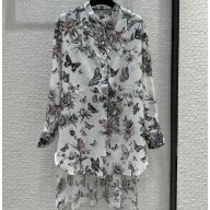 Dior Flared Mid-Length Shirt in White and Pastel Pink Cotton Voile with Toile de Jouy Mexico Motif 2023