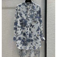 Dior Flared Mid-Length Shirt in White and Pastel Midnight Blue Cotton Voile with Toile de Jouy Mexico Motif 2023
