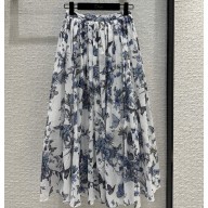 Dior Flared Mid-Length Skirt in White and Pastel Midnight Blue Cotton Voile with Toile de Jouy Mexico Motif 2023