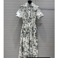 Dior Flared Mid-Length Dress in White and Pastel Pink Cotton Voile with Toile de Jouy Mexico Motif 2023