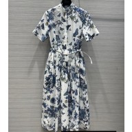 Dior Flared Mid-Length Dress in White and Pastel Midnight Blue Cotton Voile with Toile de Jouy Mexico Motif 2023
