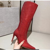 Jimmy Choo Heel 8.5cm Knee-High Boots with Crystals in Suede Red 2023