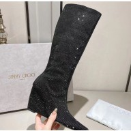 Jimmy Choo Blake Wedge Knee-High Boots with Honeybomb Crystals in Suede Black 2023