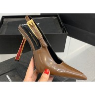 Saint Laurent Heel 11cm lee slingback pumps in glazed leather 763421 Brown 2023