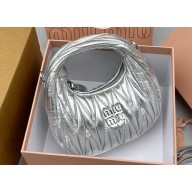 Miu Miu Wander matelassé nappa leather hobo mini-bag 5BP078 Silver 2023